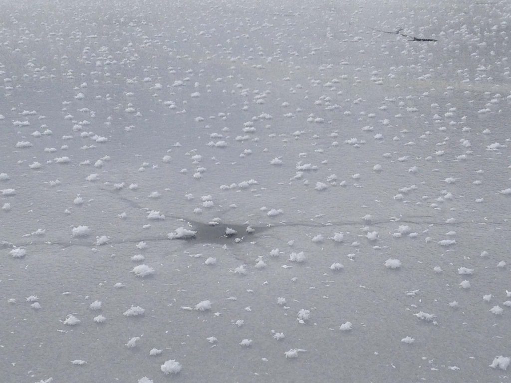 Snow and ice of frozen pond