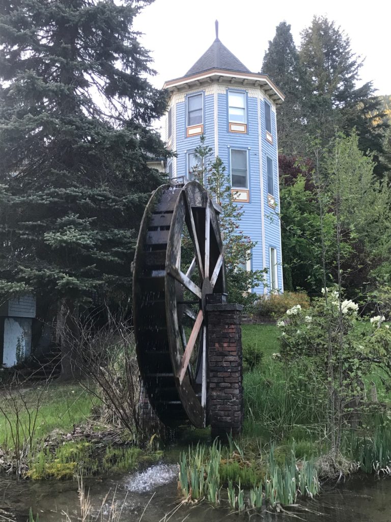 tower and water wheel at Alexander's Lodge near Mt Rainier