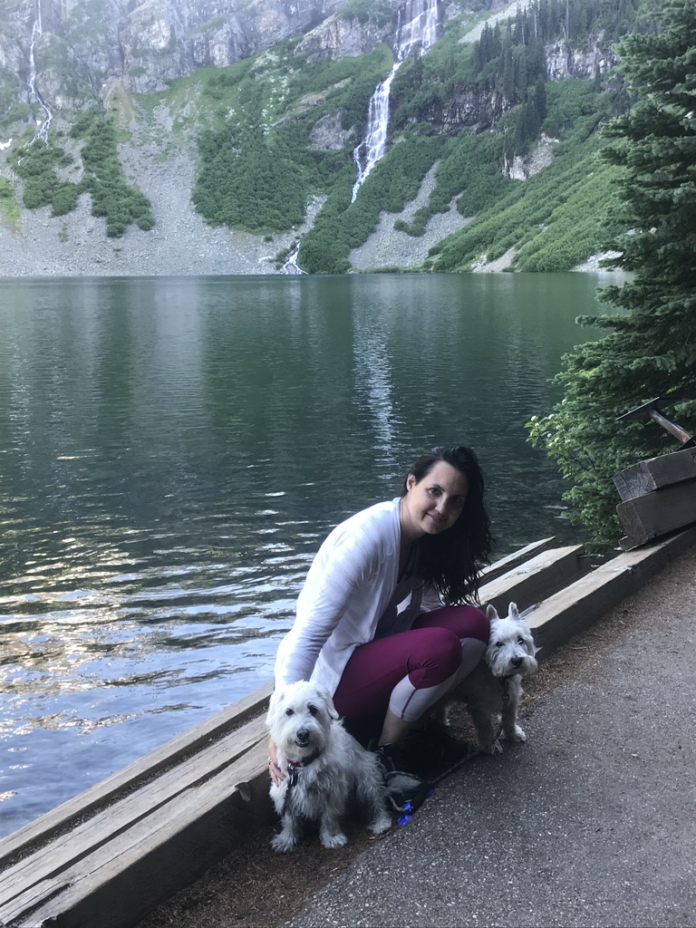 Julie K. and dogs at Rainy Lake along North Cascades Highway