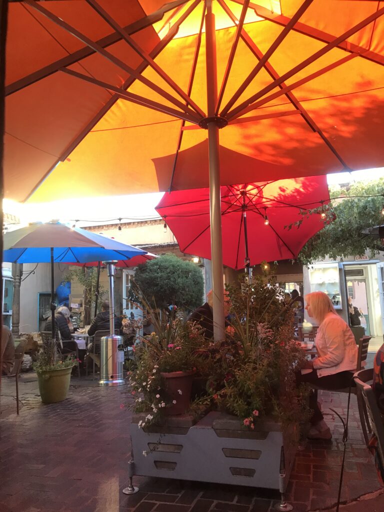 Colorful umbrellas on the patio of The Shed, Santa Fe