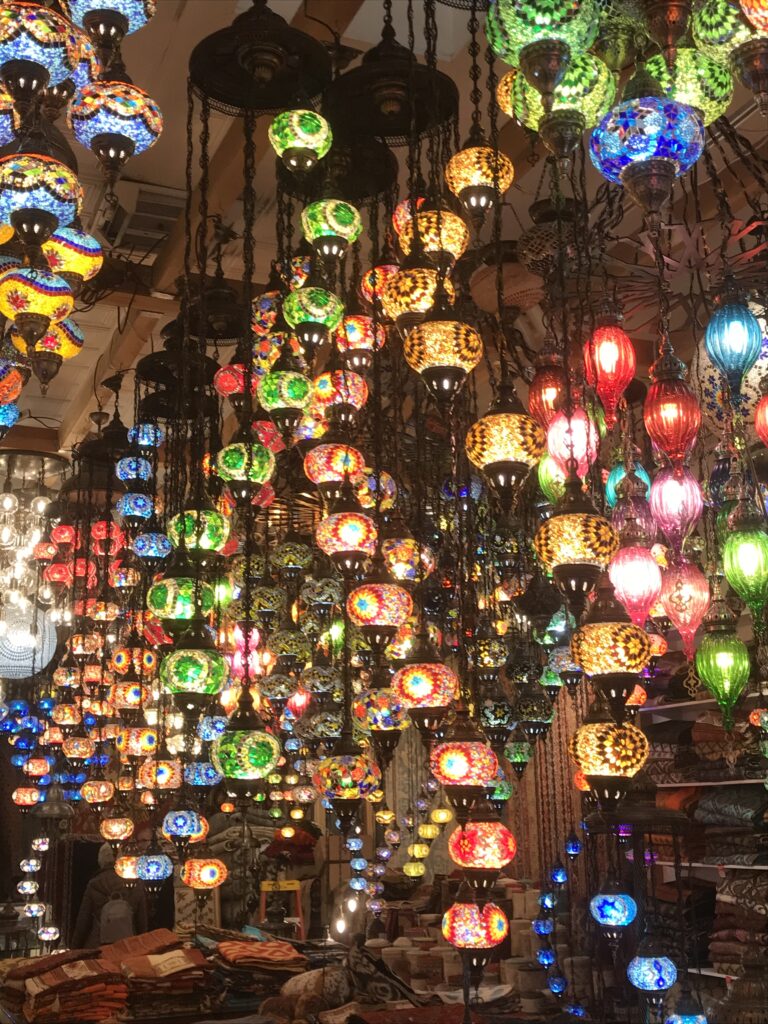 Colored glass pendant lights in Santa Fe shop