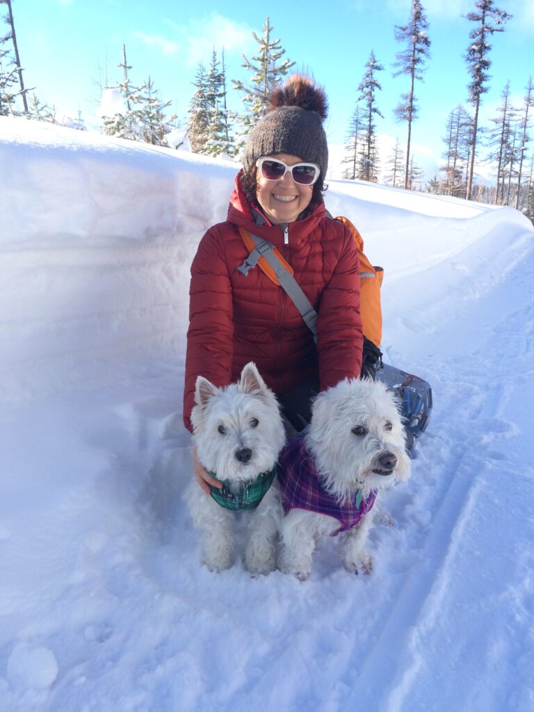 Rossi and Mochi with Julie K in the snow