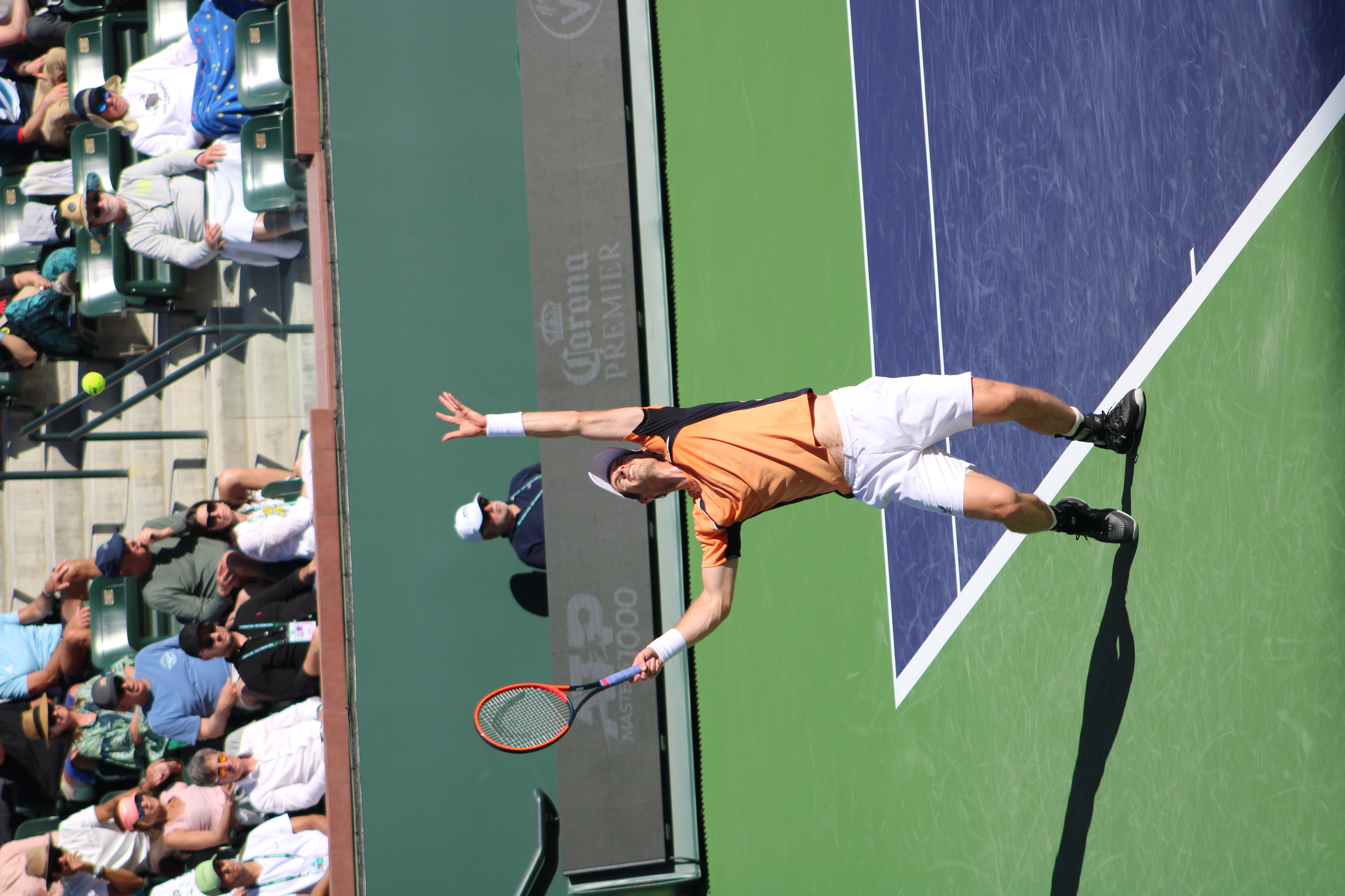 Sir Andy Murray serving tennis ball at BNP Paribas Open in Indian Wells, CA