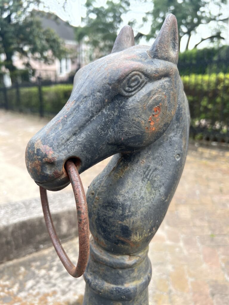A wrought iron horse head once used as a hitching post in New Orleans