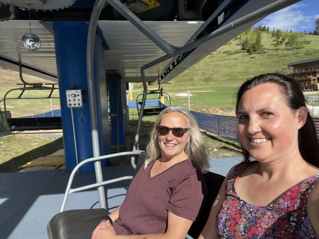 Julie and N on the chair lift at Brundage off season