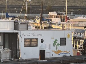 A houseboat docked at the river named Simple Pleasures